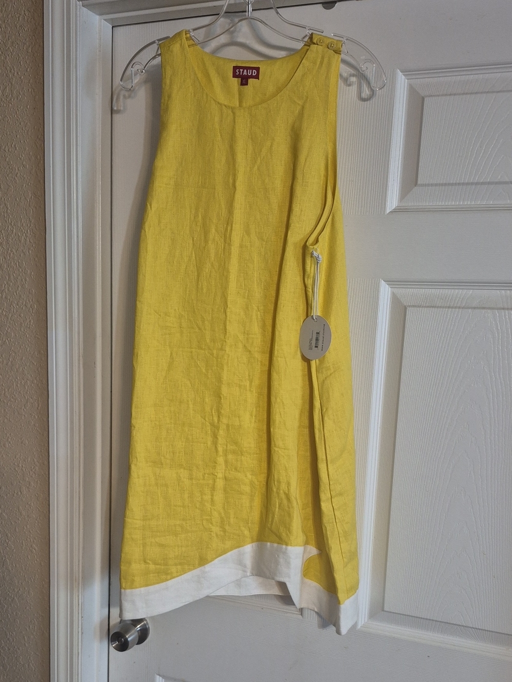 STAUD Lemon Yellow Sleeveless Linen Shift Dress with White Hem